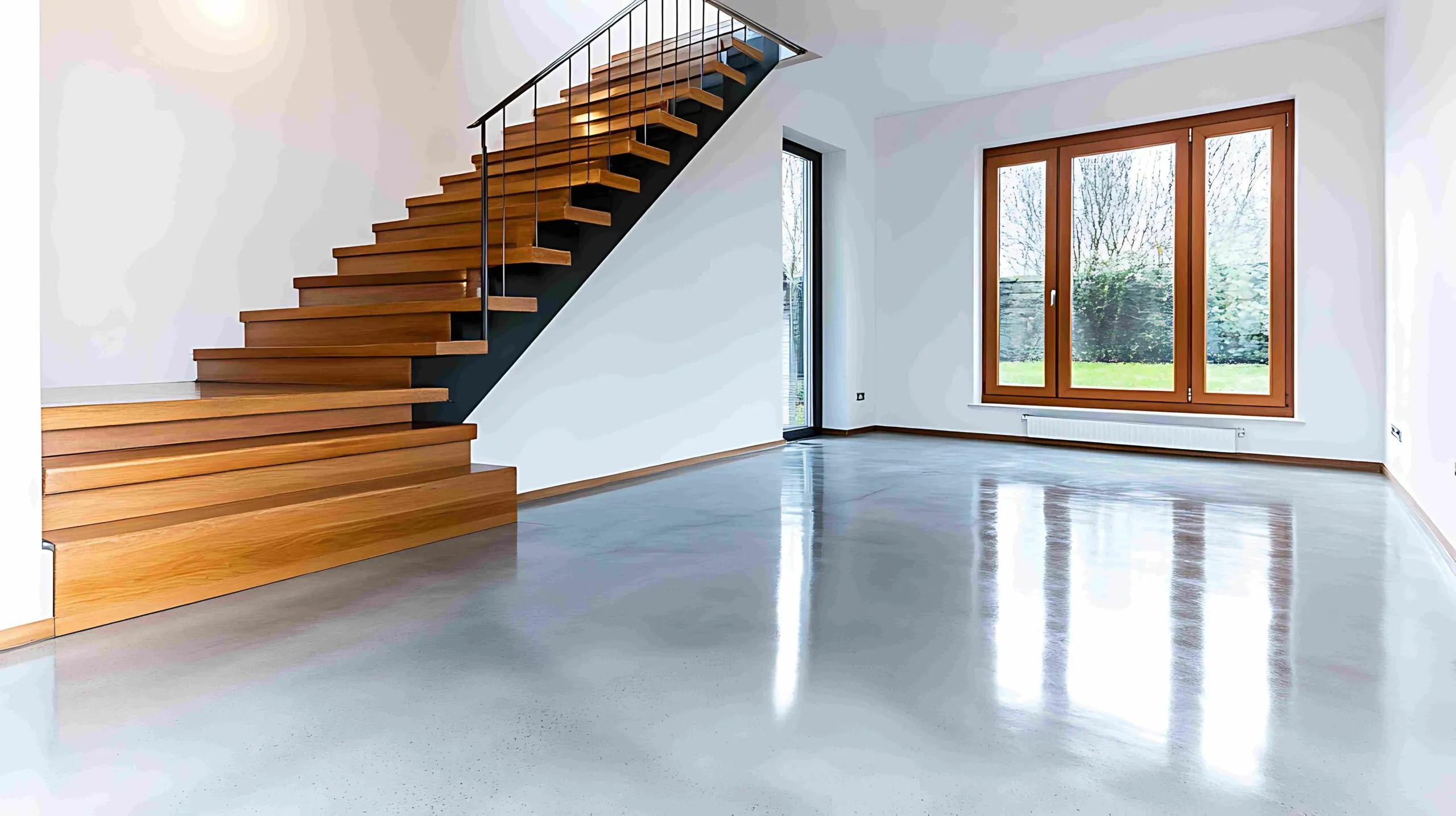Glossy grey epoxy floor in an open-plan room